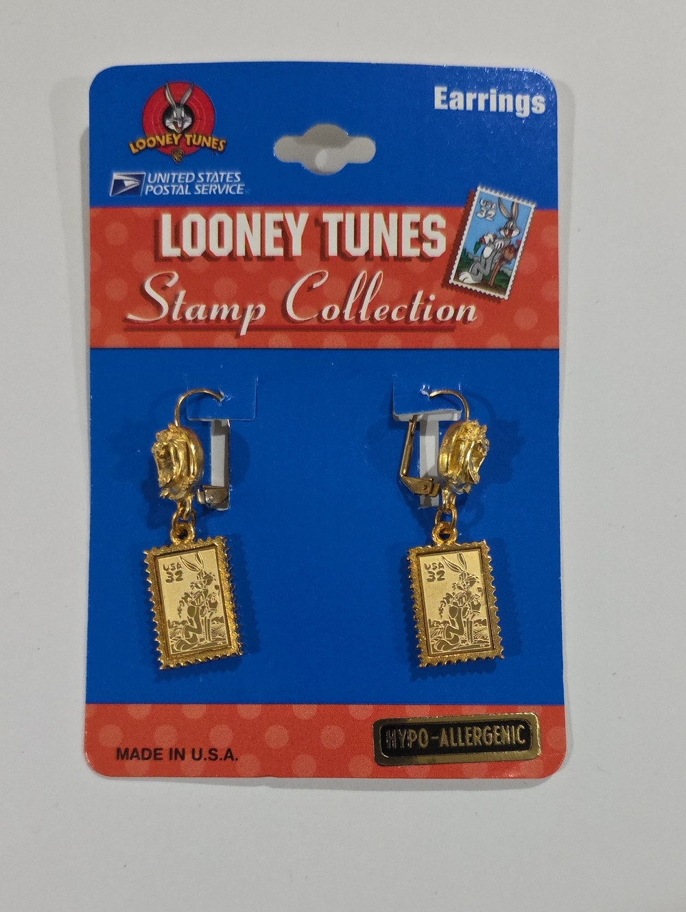 Looney Tunes USPS Stamp Collection Gold Tone Dangle Earrings Vintage